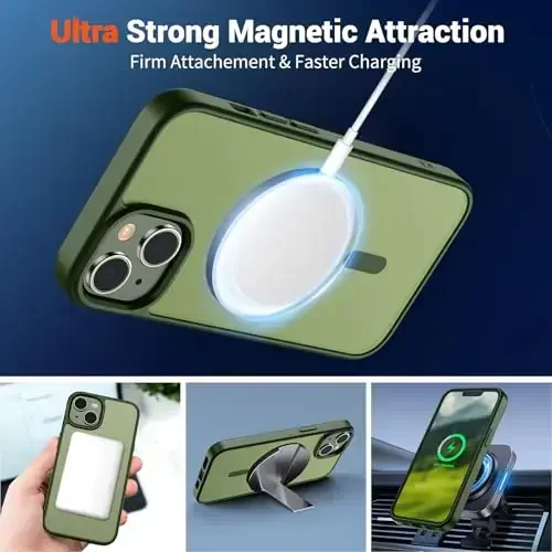 SUPFINE Magnetic for iPhone 14 Case & iPhone 13 Case (Compatible with MagSafe)(Military Grade Drop Protection) Translucent Matte Shockproof Phone Cover,Cangling Green - 5