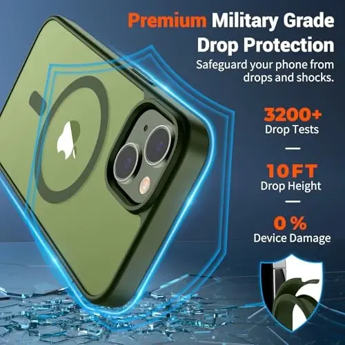 SUPFINE Magnetic for iPhone 14 Case & iPhone 13 Case (Compatible with MagSafe)(Military Grade Drop Protection) Translucent Matte Shockproof Phone Cover,Cangling Green - 3