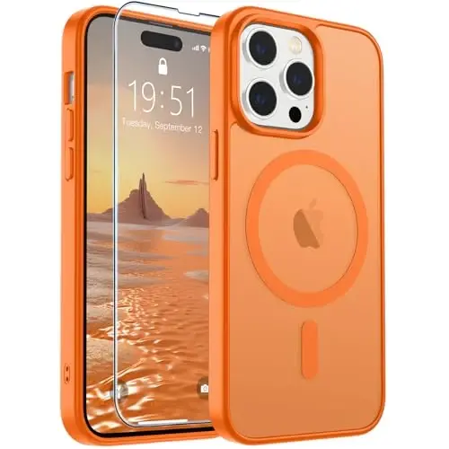 SUPFINE iPhone 14 Pro için Manyetik Kılıf, Ekran Koruyuculu (MagSafe ile Uyumlu) (Askeri Sınıf Düşme Koruması) Yarı Saydam Mat Darbeye Dayanıklı Telefon Kılıfı, Yıldızlı Turuncu - SUPFINE