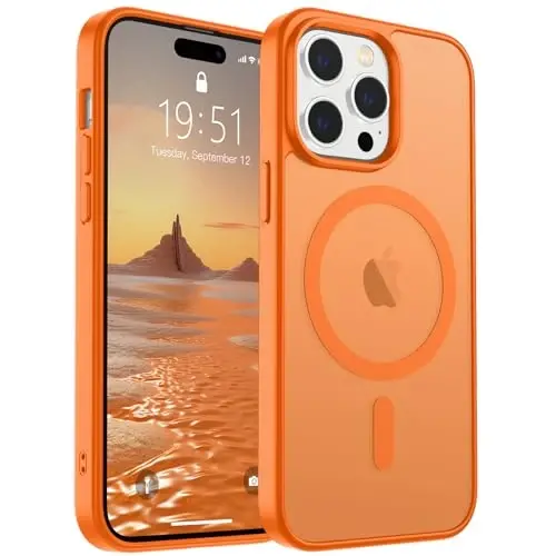 SUPFINE iPhone 14 Pro için Manyetik Kılıf, Ekran Koruyuculu (MagSafe ile Uyumlu) (Askeri Sınıf Düşme Koruması) Yarı Saydam Mat Darbeye Dayanıklı Telefon Kılıfı, Yıldızlı Turuncu 