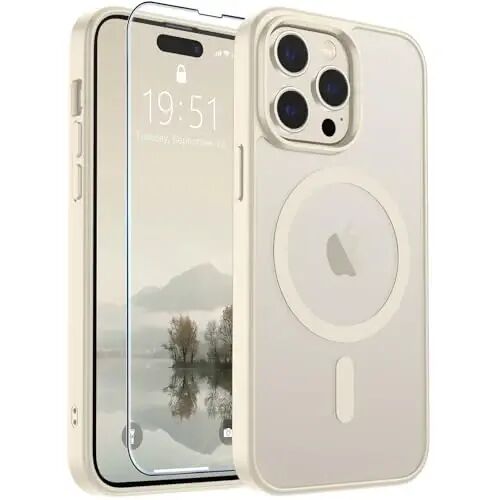 SUPFINE Magnetic for iPhone 14 Pro Case Antique White | With Screen Protector, Translucent Matte, Compatible with MagSafe, Military Grade Drop Proof, Rugged Shockproof Protective 