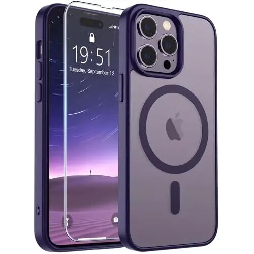SUPFINE Magnetic for iPhone 14 Pro Case Dark Purple | With Screen Protector, Translucent Matte, Compatible with MagSafe, Military Grade Drop Proof, Rugged Shockproof Protective 