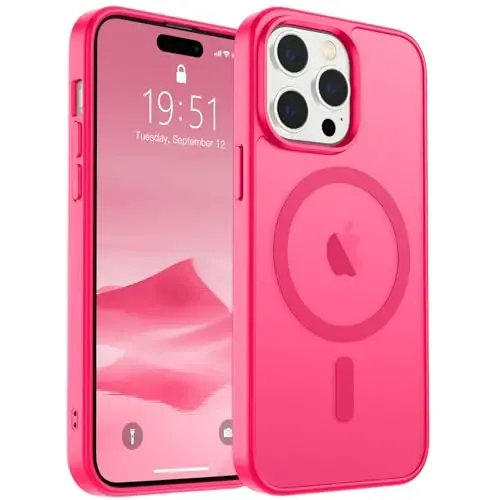 SUPFINE Magnetic for iPhone 14 Pro Max Case (Compatible with MagSafe) (Military Grade Drop Protection) Slim Translucent Matte Shockproof with Anti-Fingerprint Phone Case,Hot Pink 
