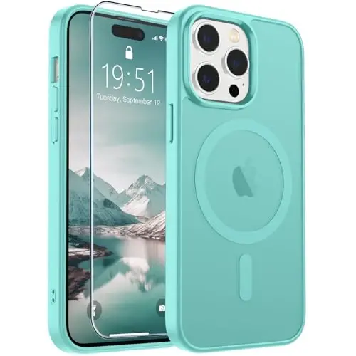 SUPFINE iPhone 14 Pro Max için Manyetik Kılıf (MagSafe Uyumlu) (Askeri Sınıf Düşme Koruması) Yarı Saydam Mat Darbeye Dayanıklı Telefon Kılıfı, Mavi Yeşil 