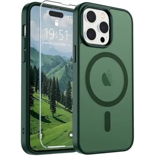 SUPFINE Magnetic for iPhone 14 Pro Max Case(Compatible with MagSafe)(Military Grade Drop Protection) Slim Translucent Matte Shockproof with Anti-Fingerprint Phone Case,Forest Green 