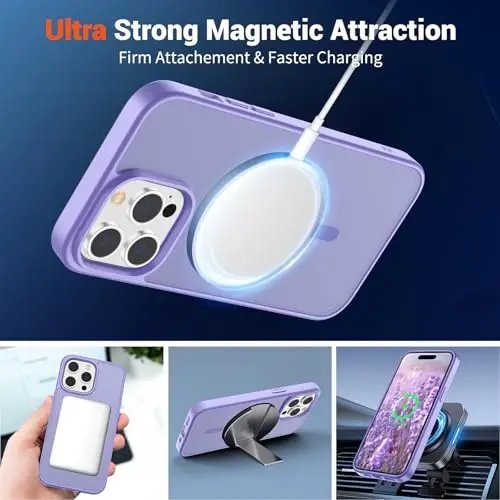 SUPFINE iPhone 14 Pro uchun magnitli g'ilof (MagSafe bilan mos keladi) (Harbiy darajadagi tushishdan himoya) Shaffof matli zarbga chidamli va barmoq izlariga qarshi telefon g'ilofi, Binafsha rang - 5