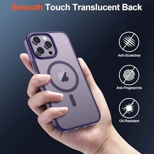 SUPFINE iPhone 14 Pro uchun magnitli g'ilof (MagSafe bilan mos keladi) (harbiy darajadagi tushishdan himoya) yarim shaffof mato zarbga chidamli telefon g'ilofi, to'q binafsha - 3
