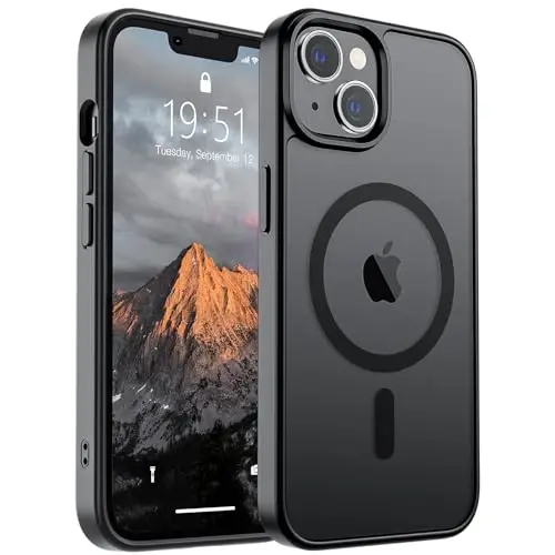 SUPFINE iPhone 14 va iPhone 13 uchun magnitli g'ilof (MagSafe bilan mos keladi) (Harbiy darajadagi tushishdan himoya) Yarim shaffof mat zarbga chidamli telefon qopqog'i, qora 