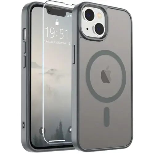 SUPFINE Magnetic for iPhone 13 Case/iPhone 14 Case Gray | With Screen Protector, Translucent Matte, Compatible with MagSafe, Military Grade Drop Proof, Rugged Shockproof Protective 
