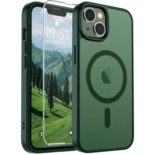SUPFINE Magnetic for iPhone 13 Case/iPhone 14 Case Forest Green | With Screen Protector, Translucent Matte, Compatible with MagSafe, Military Grade Drop Proof, Rugged Shockproof Protective 