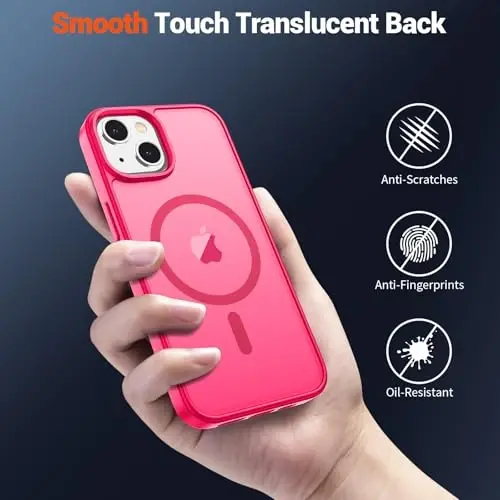 SUPFINE Magnetic for iPhone 14 Case & iPhone 13 Case (Compatible with MagSafe) (Military Grade Drop Protection) Slim Translucent Matte Shockproof Phone Cover,Hot Pink - 6