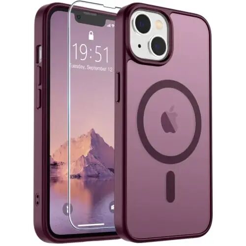 SUPFINE Magnetic for iPhone 14 Case & iPhone 13 Case (Compatible with MagSafe)(Military Grade Drop Protection) Translucent Matte Shockproof Phone Cover,Wine Red 