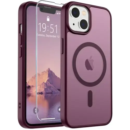 SUPFINE Magnetic for iPhone 13 Case/iPhone 14 Case Wine Red | With Screen Protector, Translucent Matte, Compatible with MagSafe, Military Grade Drop Proof, Rugged Shockproof Protective - 1