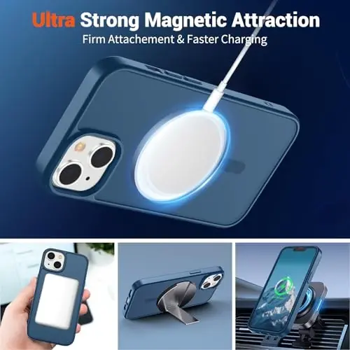 SUPFINE Magnetic for iPhone 14 Case & iPhone 13 Case with Screen Protector (Compatible with MagSafe) (Military Grade Drop Protection) Translucent Matte Shockproof Phone Cover,Deep Blue - 5