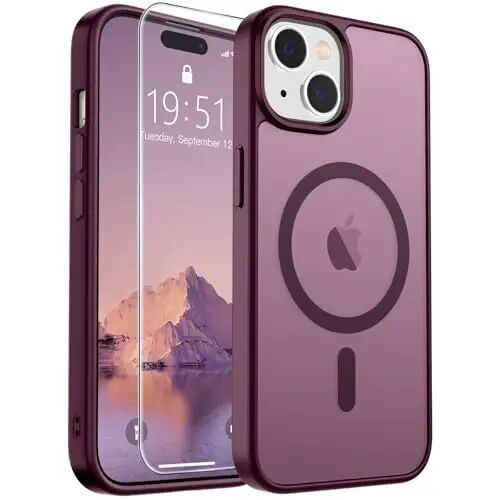 SUPFINE Magnetic for iPhone 15 Case Wine Red | With Screen Protector, Translucent Matte, Compatible with MagSafe, Military Grade Drop Proof, Rugged Shockproof Protective 