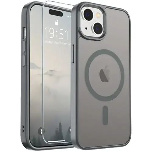 SUPFINE Magnetic for iPhone 15 Case Gray | With Screen Protector, Translucent Matte, Compatible with MagSafe, Military Grade Drop Proof, Rugged Shockproof Protective 