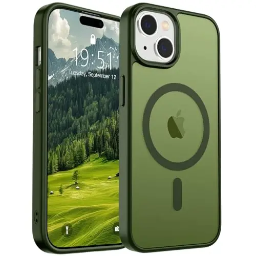 SUPFINE Magnetic for iPhone 15 Case (Compatible with MagSafe) (Military Grade Drop Protection) Slim Translucent Matte Shockproof with Anti-Fingerprint Phone Case, Cangling Green 