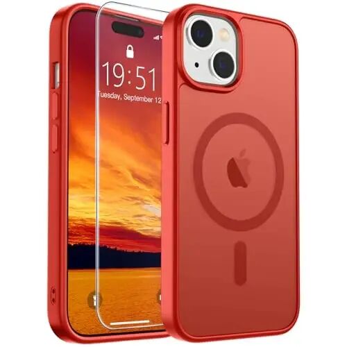 SUPFINE Magnetic for iPhone 15 Case Red | With Screen Protector, Translucent Matte, Compatible with MagSafe, Military Grade Drop Proof, Rugged Shockproof Protective 