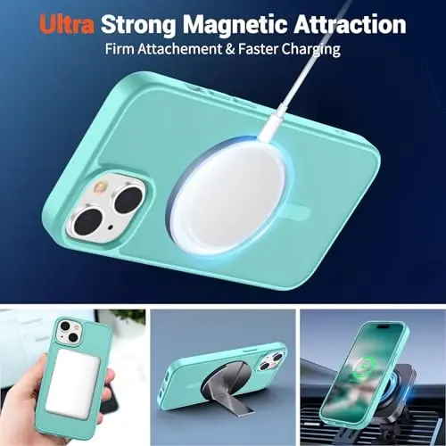 SUPFINE Magnetic for iPhone 15 Case (Compatible with MagSafe) (Military Grade Drop Protection) Slim Translucent Matte Shockproof with Anti-Fingerprint Phone Case, Blue Green - 6