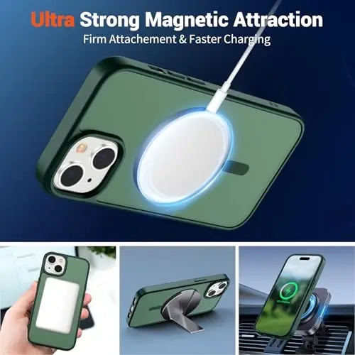 SUPFINE Magnetic for iPhone 15 Case (Compatible with MagSafe) (Military Grade Drop Protection) Slim Translucent Matte Shockproof with Anti-Fingerprint Phone Case, Forest Green - 6