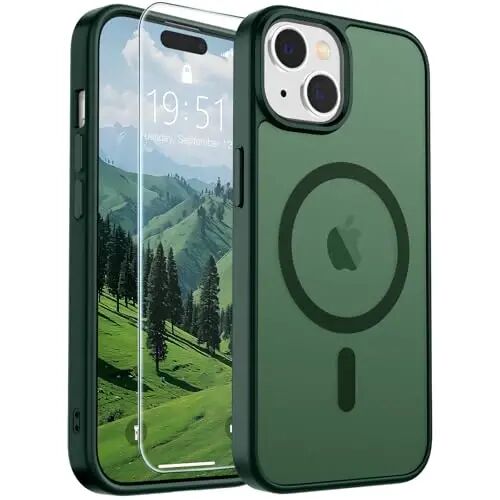 SUPFINE Magnetic for iPhone 15 Case Forest Green | With Screen Protector, Translucent Matte, Compatible with MagSafe, Military Grade Drop Proof, Rugged Shockproof Protective 