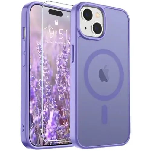 SUPFINE Magnetic for iPhone 15 Case Purple | With Screen Protector, Translucent Matte, Compatible with MagSafe, Military Grade Drop Proof, Rugged Shockproof Protective 