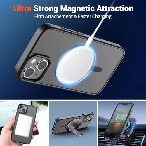 SUPFINE Magnetic for iPhone 15 Case (Compatible with MagSafe) (Military Grade Drop Protection) Translucent Matte Shockproof Phone Cover, Black - 6