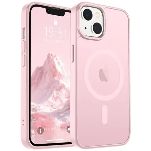 SUPFINE iPhone 15 Plus Kılıf ve iPhone 14 Plus Kılıfı, Ekran Koruyuculu (MagSafe Uyumlu) (Askeri Sınıf Düşme Koruması) Yarı Saydam Darbeye Dayanıklı Telefon Kılıfı, Açık Pembe 