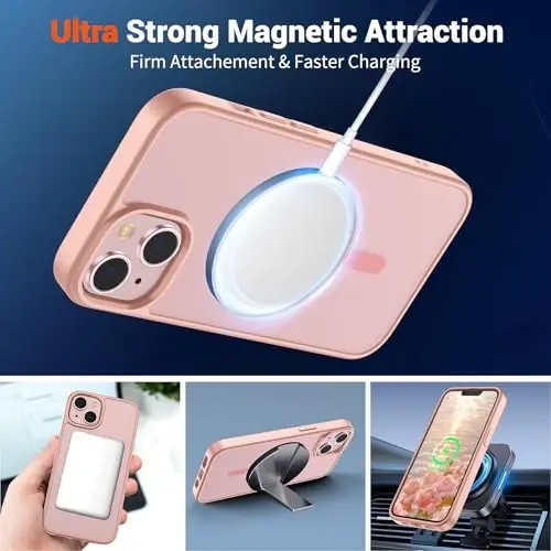 SUPFINE Magnetic for iPhone 15 Plus Case & iPhone 14 Plus Case(Compatible with MagSafe)(Military Grade Drop Protection) Slim Translucent Shockproof Phone Case,Pink - 5