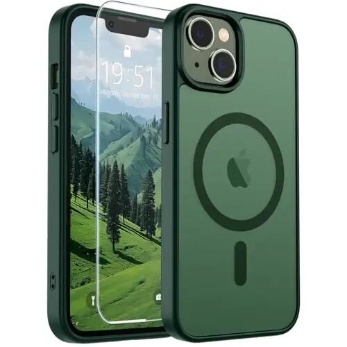 SUPFINE iPhone 15 Plus va iPhone 14 Plus uchun magnitli g'ilof (MagSafe bilan mos keladi) (Harbiy darajadagi tushishdan himoya) Yupqa shaffof zarbga chidamli barmoq izlariga qarshi telefon g'ilofi, o'rmon yashili 
