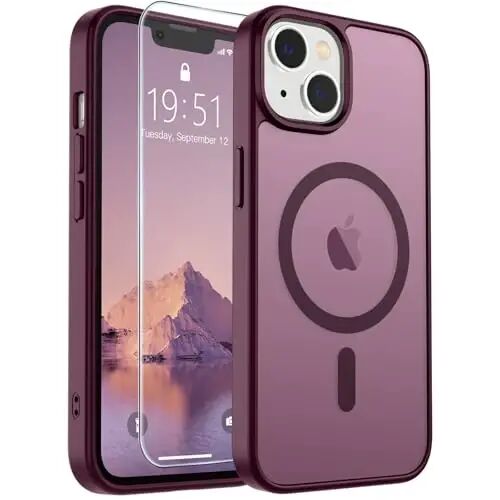SUPFINE iPhone 15 Plus va iPhone 14 Plus uchun magnitli g‘ilof (MagSafe bilan mos keladi) (Harbiy standartdagi zarbadan himoya) Yupqa shaffof zarbga chidamli telefon g‘ilofi, vino rangi 