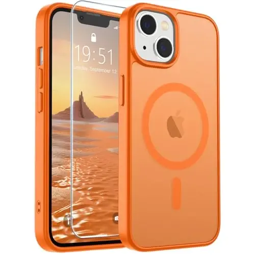 SUPFINE iPhone 15 Plus ve iPhone 14 Plus Kılıfı, Ekran Koruyuculu (MagSafe Uyumlu) (Askeri Sınıf Düşme Koruması) Yarı Saydam Darbeye Dayanıklı Telefon Kılıfı, Yıldızlı Turuncu - 1