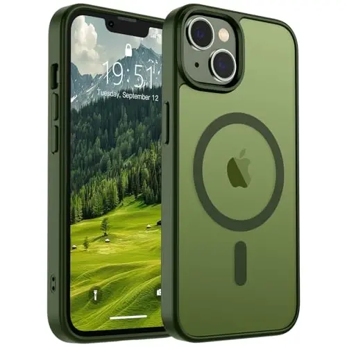 SUPFINE Magnetic for iPhone 15 Plus Case & iPhone 14 Plus Case(Compatible with MagSafe)(Military Grade Drop Protection) Slim Translucent Shockproof with Anti-Fingerprint Phone Case,Cangling Green 