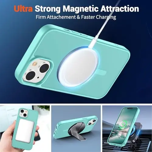 SUPFINE Magnetic for iPhone 15 Plus Case & iPhone 14 Plus Case(Compatible with MagSafe)(Military Grade Drop Protection) Slim Translucent Shockproof with Anti-Fingerprint Phone Case,Blue Green - 5