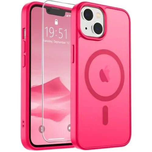 SUPFINE Magnetic for iPhone 14 Plus Case/iPhone 15 Plus Case Hot Pink | With Screen Protector, Translucent Matte, Compatible with MagSafe, Military Grade Drop Proof, Rugged Shockproof Protective 