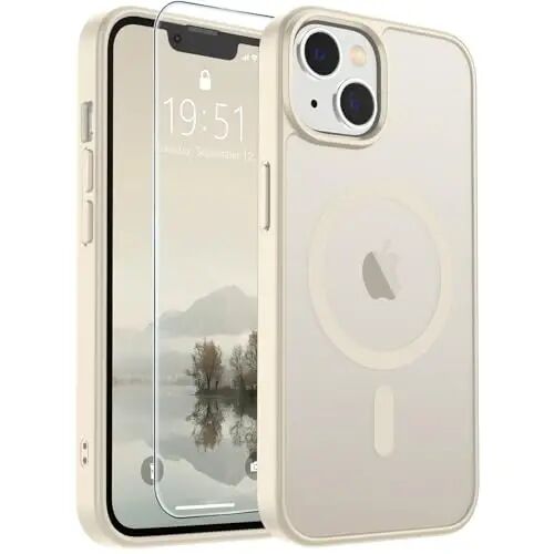 SUPFINE Magnetic for iPhone 14 Plus Case/iPhone 15 Plus Case Antique White | With Screen Protector, Translucent Matte, Compatible with MagSafe, Military Grade Drop Proof, Rugged Shockproof Protective 