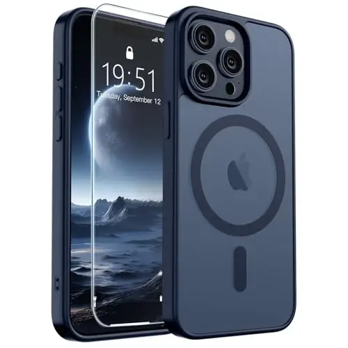 SUPFINE iPhone 15 Pro için Manyetik Kılıf, Ekran Koruyuculu (MagSafe Uyumlu) (Askeri Sınıf Düşme Koruması) Yarı Saydam Mat Darbeye Dayanıklı Telefon Kılıfı, Koyu Mavi 