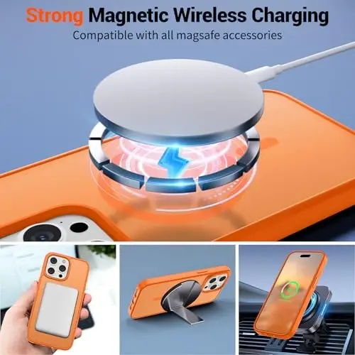 SUPFINE iPhone 15 Pro için Manyetik Kılıf, Ekran Koruyuculu (MagSafe Uyumlu) (Askeri Sınıf Düşme Koruması) Yarı Saydam Mat Darbeye Dayanıklı Telefon Kılıfı, Yıldızlı Turuncu - 3