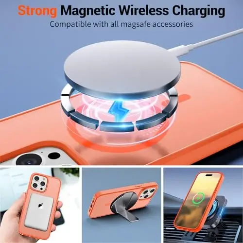 SUPFINE Magnetic for iPhone 15 Pro Case (Compatible with MagSafe) (Military Grade Drop Protection) Slim Translucent Matte Shockproof with Anti-Fingerprint Phone Case,Orange - 5