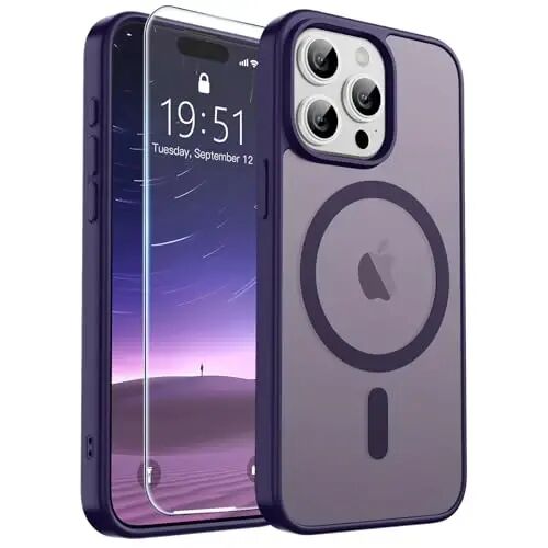 SUPFINE Magnetic for iPhone 15 Pro Case Dark Purple | With Screen Protector, Translucent Matte, Compatible with MagSafe, Military Grade Drop Proof, Rugged Shockproof Protective 
