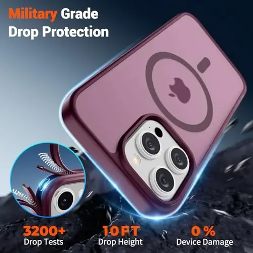 SUPFINE Magnetic for iPhone 15 Pro Case (Compatible with MagSafe) (Military Grade Drop Protection) Translucent Matte Shockproof Phone Case, Wine Red - 4