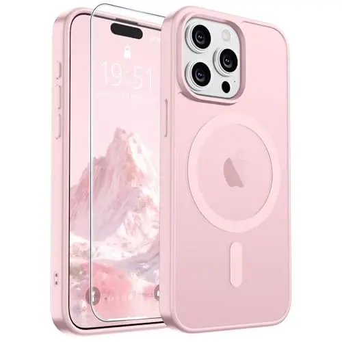 SUPFINE iPhone 15 Pro Max için Manyetik Kılıf, Ekran Koruyuculu (MagSafe Uyumlu) (Askeri Sınıf Düşme Koruması) Yarı Saydam Mat Darbeye Dayanıklı Telefon Kılıfı, Açık Pembe 