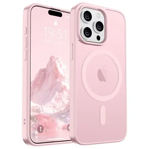 SUPFINE iPhone 15 Pro Max için Manyetik Kılıf, Ekran Koruyuculu (MagSafe Uyumlu) (Askeri Sınıf Düşme Koruması) Yarı Saydam Mat Darbeye Dayanıklı Telefon Kılıfı, Açık Pembe 