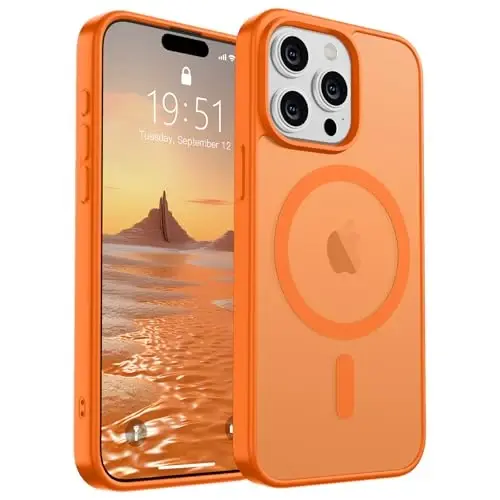 SUPFINE iPhone 15 Pro Max için Manyetik Kılıf, Ekran Koruyuculu (MagSafe Uyumlu) (Askeri Sınıf Düşme Koruması) Yarı Saydam Mat Darbeye Dayanıklı Telefon Kılıfı, Yıldızlı Turuncu 