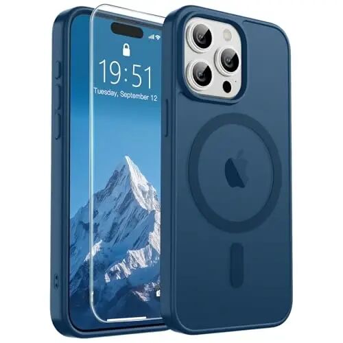 SUPFINE Magnetic for iPhone 15 Pro Max Case Deep Blue | With Screen Protector, Translucent Matte, Compatible with MagSafe, Military Grade Drop Proof, Rugged Shockproof Protective 