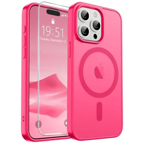 SUPFINE Magnetic for iPhone 15 Pro Max Case (Compatible with MagSafe) (Military Grade Drop Protection) Slim Translucent Matte Shockproof with Anti-Fingerprint Phone Case,Hot Pink - SUPFINE