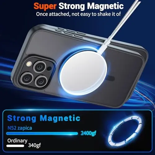 SUPFINE Magnetic for iPhone 15 Pro Max Case (Compatible with MagSafe) (Military Grade Drop Protection) Translucent Matte Shockproof Phone Cover, Black - 5