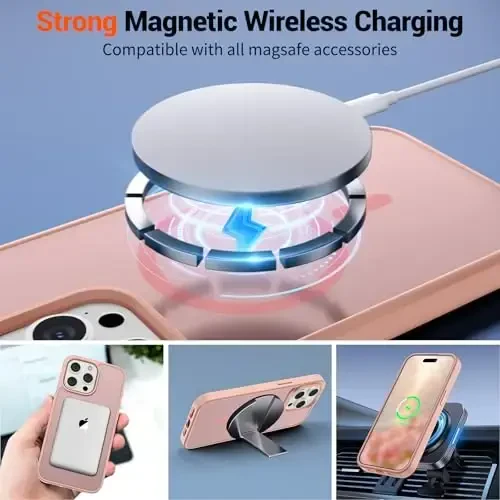 SUPFINE iPhone 15 Pro Max uchun magnitli g‘ilof (MagSafe bilan mos) (Harbiy darajadagi tushishdan himoya) Yupqa shaffof mat zarbga chidamli barmoq izlariga qarshi telefon g‘ilofi, pushti - 3