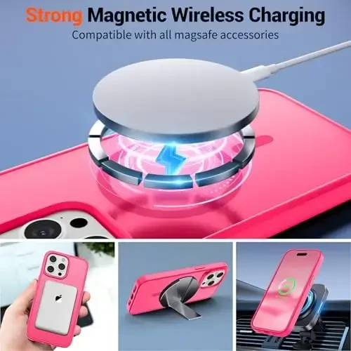 SUPFINE iPhone 15 Pro Max uchun magnitli g‘ilof (MagSafe bilan mos) (Harbiy darajadagi tushishdan himoya) Yupqa shaffof mato zarbga chidamli barmoq izlariga qarshi telefon g‘ilofi, Hot Pink - 5