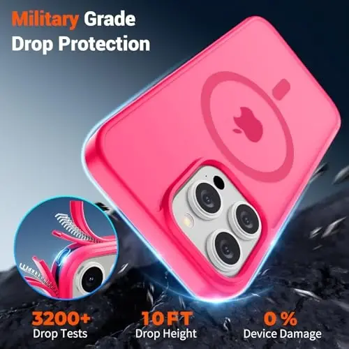 SUPFINE iPhone 15 Pro Max uchun magnitli g‘ilof (MagSafe bilan mos) (Harbiy darajadagi tushishdan himoya) Yupqa shaffof mato zarbga chidamli barmoq izlariga qarshi telefon g‘ilofi, Hot Pink - 4